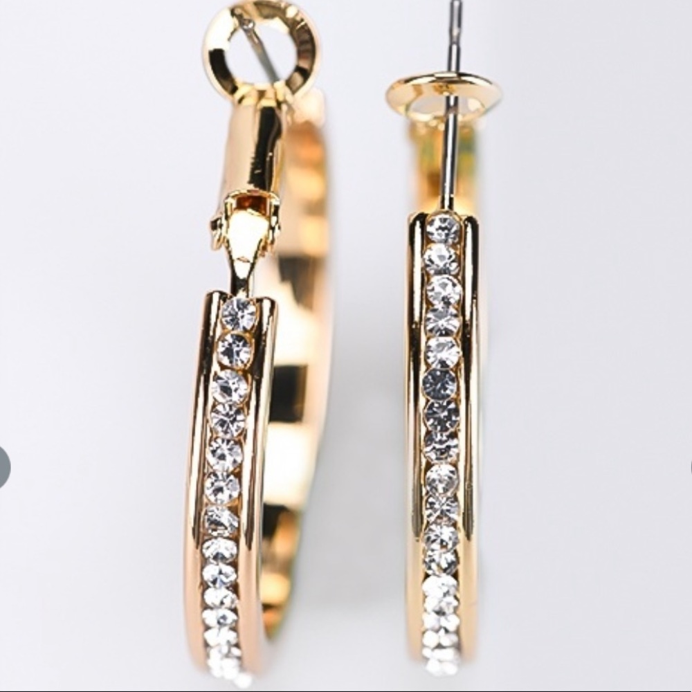 Crystal Rhinestone Gold Filled Hoop Earrings 1.5”